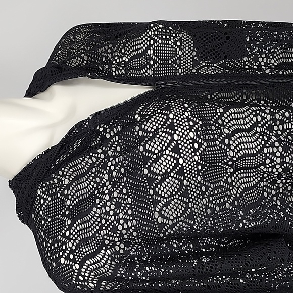 Beach Pool Cover-Up  Black Crochet Dress Hoodie Full Zip Up Short Sleeves Sz S/M - Picture 6 of 12